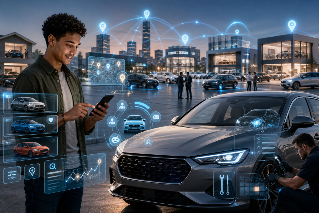 Digital car dealership scene with vehicle listings, location markers, customer and service analytics overlays
