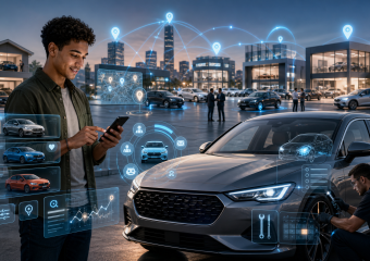 Digital car dealership scene with vehicle listings, location markers, customer and service analytics overlays