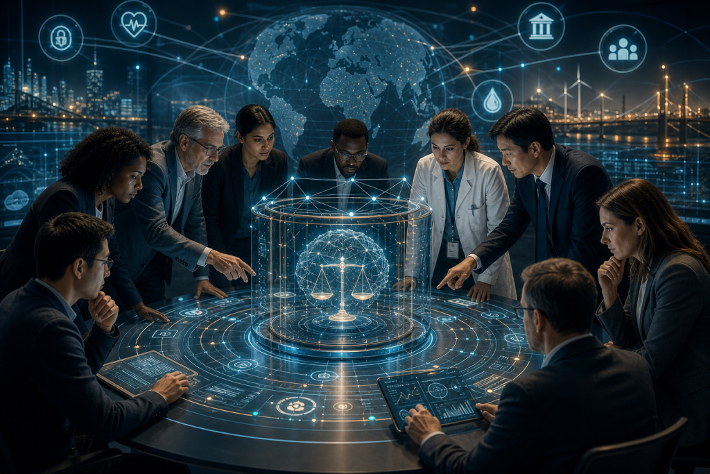 Diverse team collaborates around a holographic justice scale and globe in a technology-focused setting