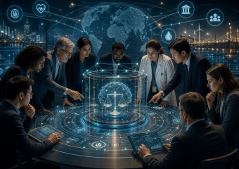 Diverse team collaborates around a holographic justice scale and globe in a technology-focused setting