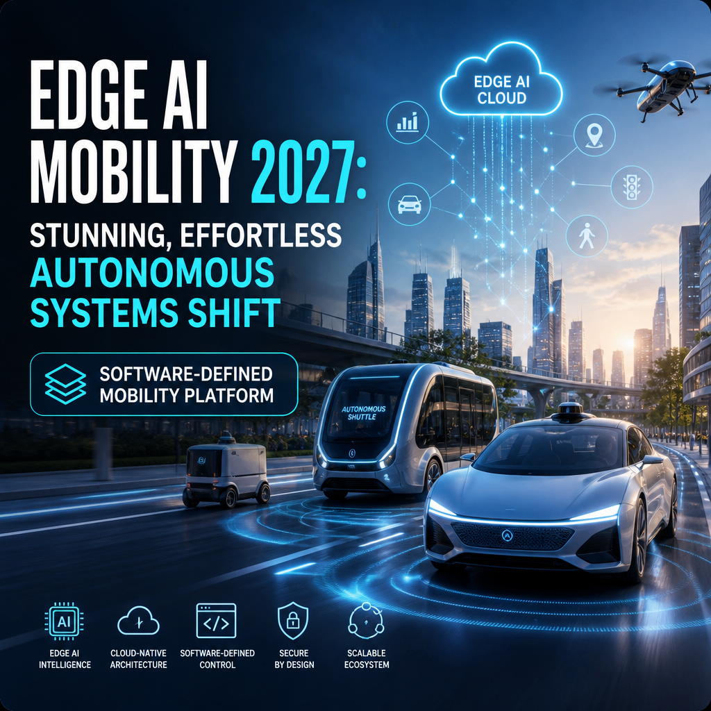 Futuristic autonomous vehicles in a smart city, showing edge AI mobility and connected transportation.