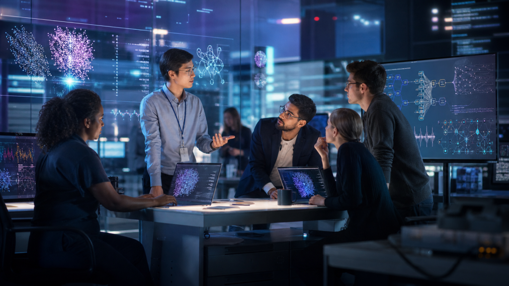 Five data scientists collaborate around a table surrounded by screens displaying data visualizations