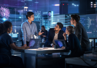 Five data scientists collaborate around a table surrounded by screens displaying data visualizations