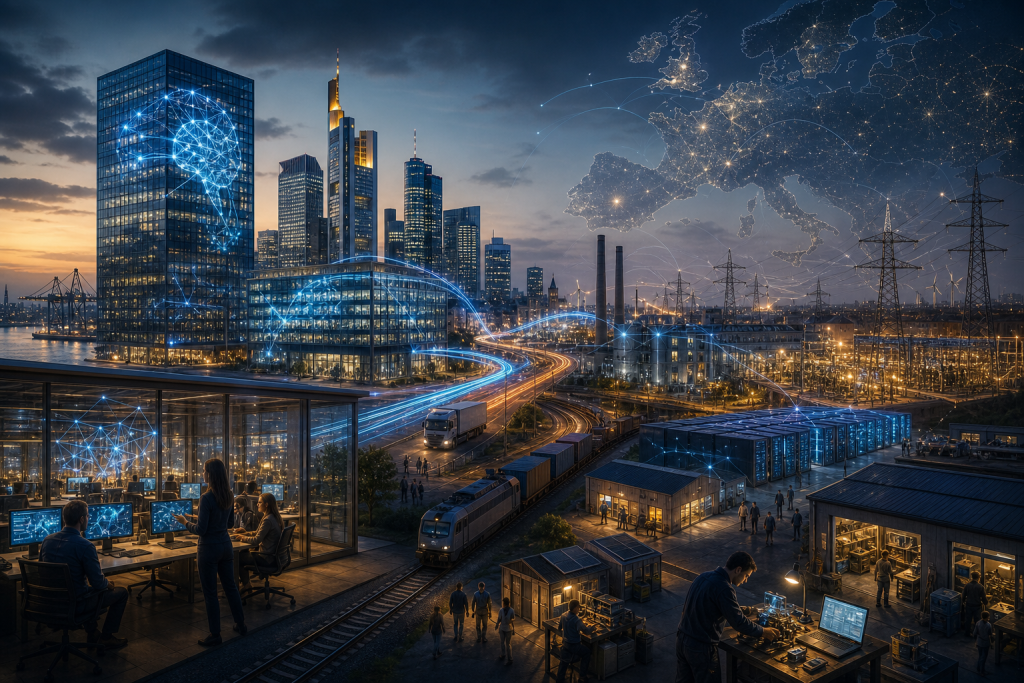 Futuristic city and industrial district linked by glowing digital networks, transport routes, and a map of Europe