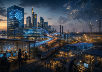 Futuristic city and industrial district linked by glowing digital networks, transport routes, and a map of Europe