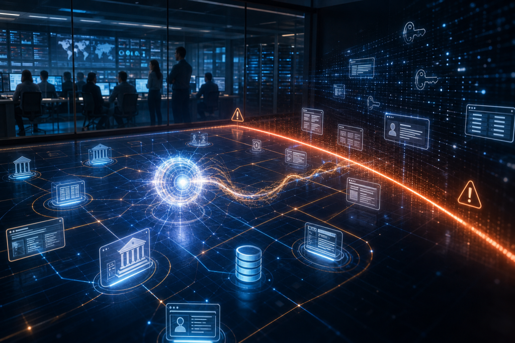 Illustration of a cybersecurity operations center monitoring interconnected databases, user accounts, and financial institutions