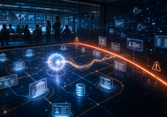 Illustration of a cybersecurity operations center monitoring interconnected databases, user accounts, and financial institutions