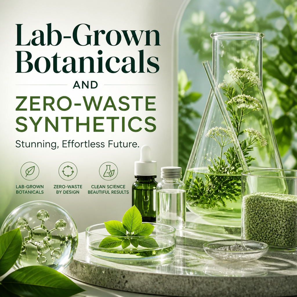 Modern eco-friendly lab with lab-grown botanicals and zero-waste synthetic ingredients