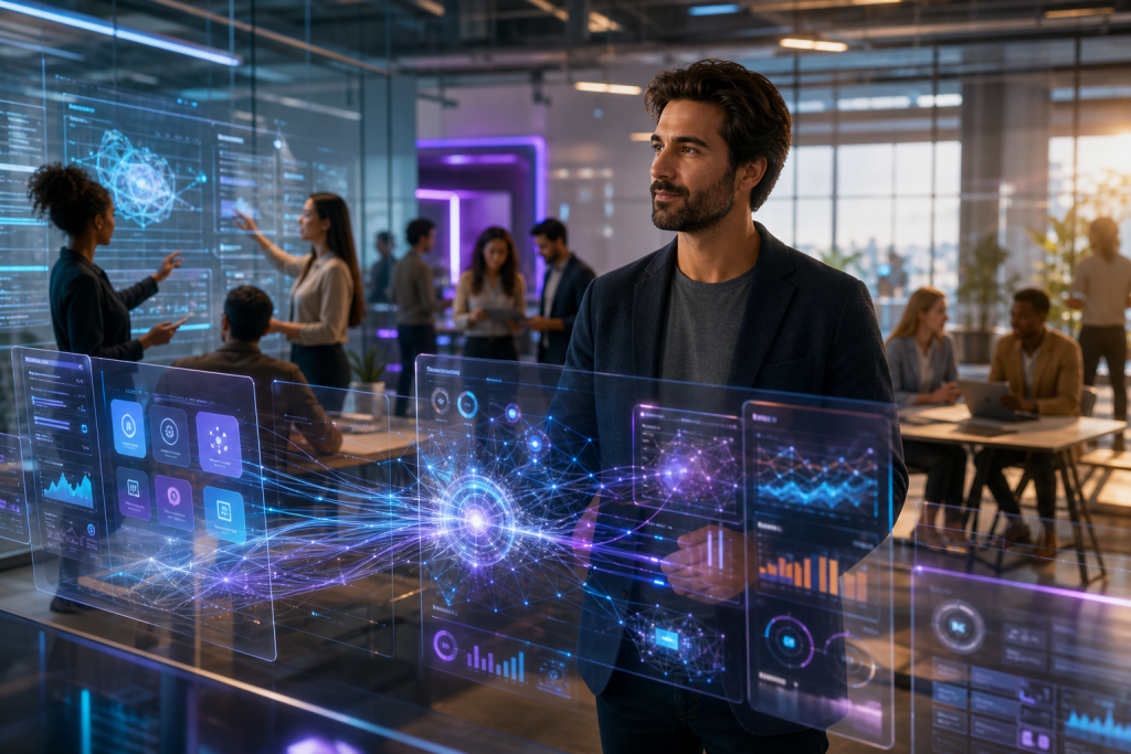 Man in a technology office surrounded by holographic data dashboards as colleagues collaborate in the background