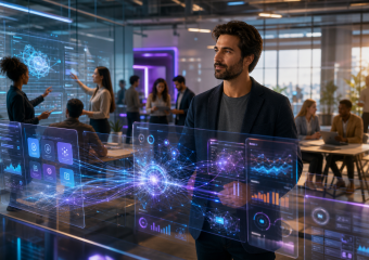 Man in a technology office surrounded by holographic data dashboards as colleagues collaborate in the background