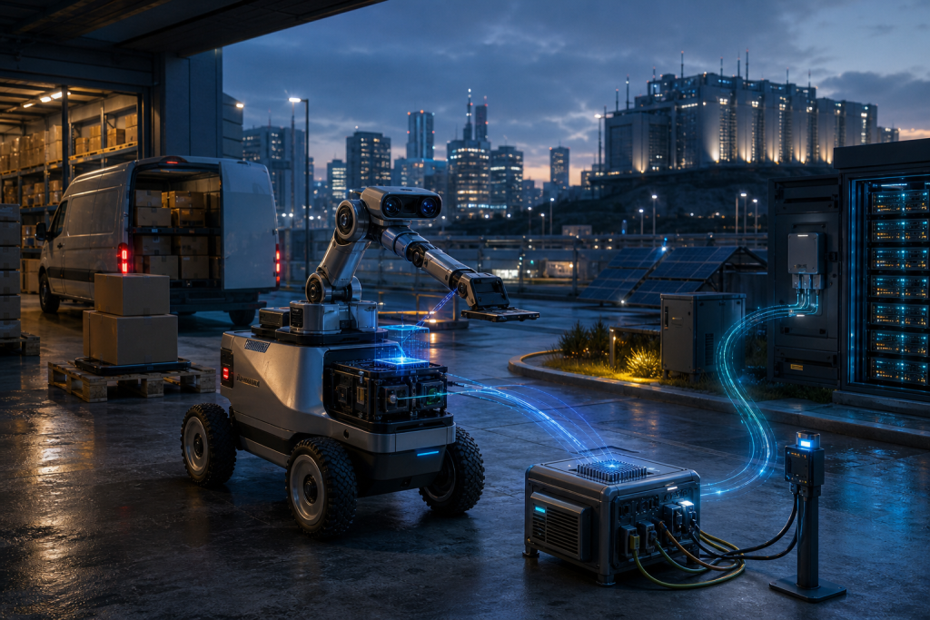 Mobile robotic arm on a rooftop loading platform, with a delivery van, packages, server rack, and city skyline at dusk