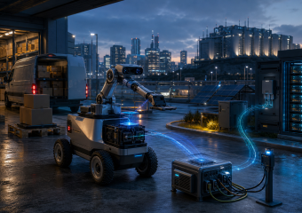 Mobile robotic arm on a rooftop loading platform, with a delivery van, packages, server rack, and city skyline at dusk