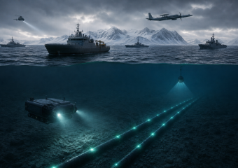 Naval vessels, helicopter, and patrol plane above an underwater drone inspecting two illuminated seabed cables