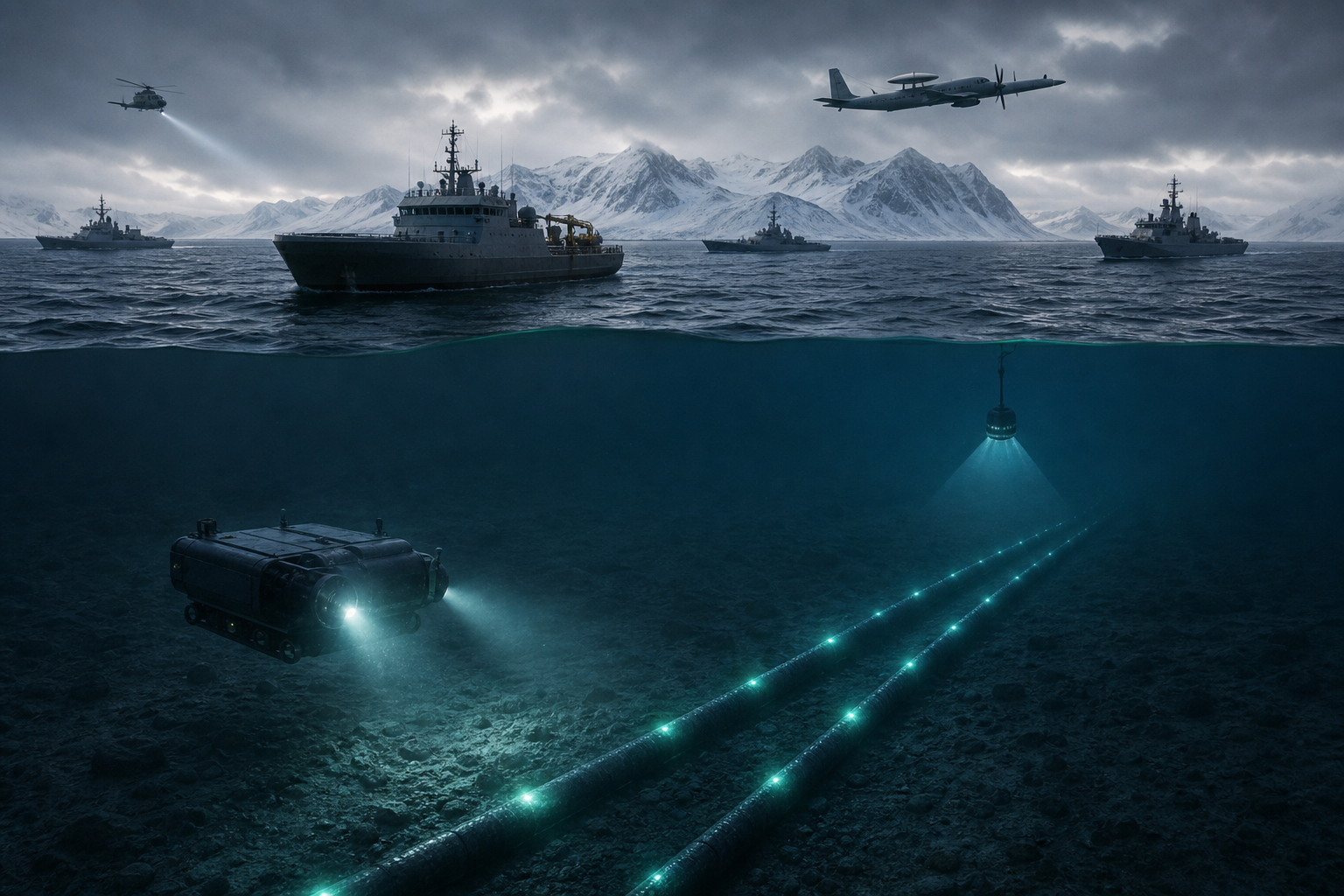 Naval vessels, helicopter, and patrol plane above an underwater drone inspecting two illuminated seabed cables