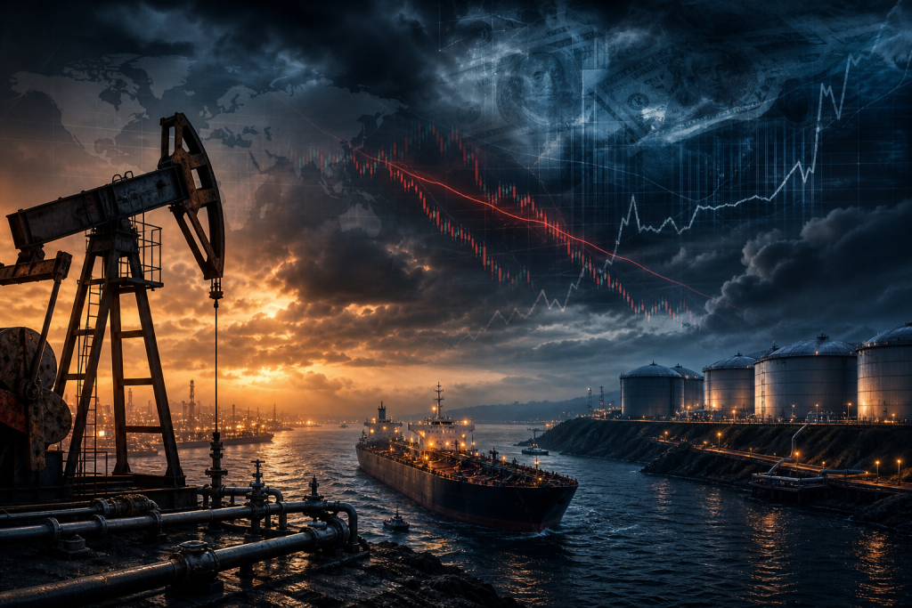 Oil industry seaport with pumpjack, tanker, storage tanks, global map, currency, and fluctuating market charts