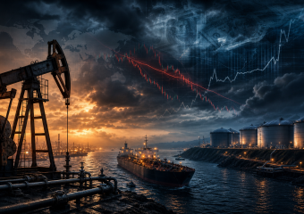 Oil industry seaport with pumpjack, tanker, storage tanks, global map, currency, and fluctuating market charts