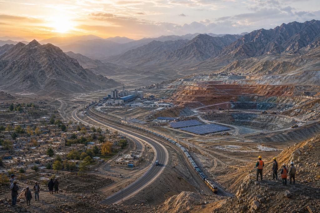 Open-pit mine beside a mountain valley town, with rail cars, roads, solar panels, and workers overlooking the site