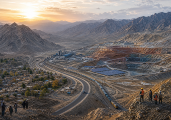 Open-pit mine beside a mountain valley town, with rail cars, roads, solar panels, and workers overlooking the site
