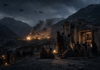 People shelter among ruined buildings as fires and smoke rise in a mountain valley, with aircraft overhead