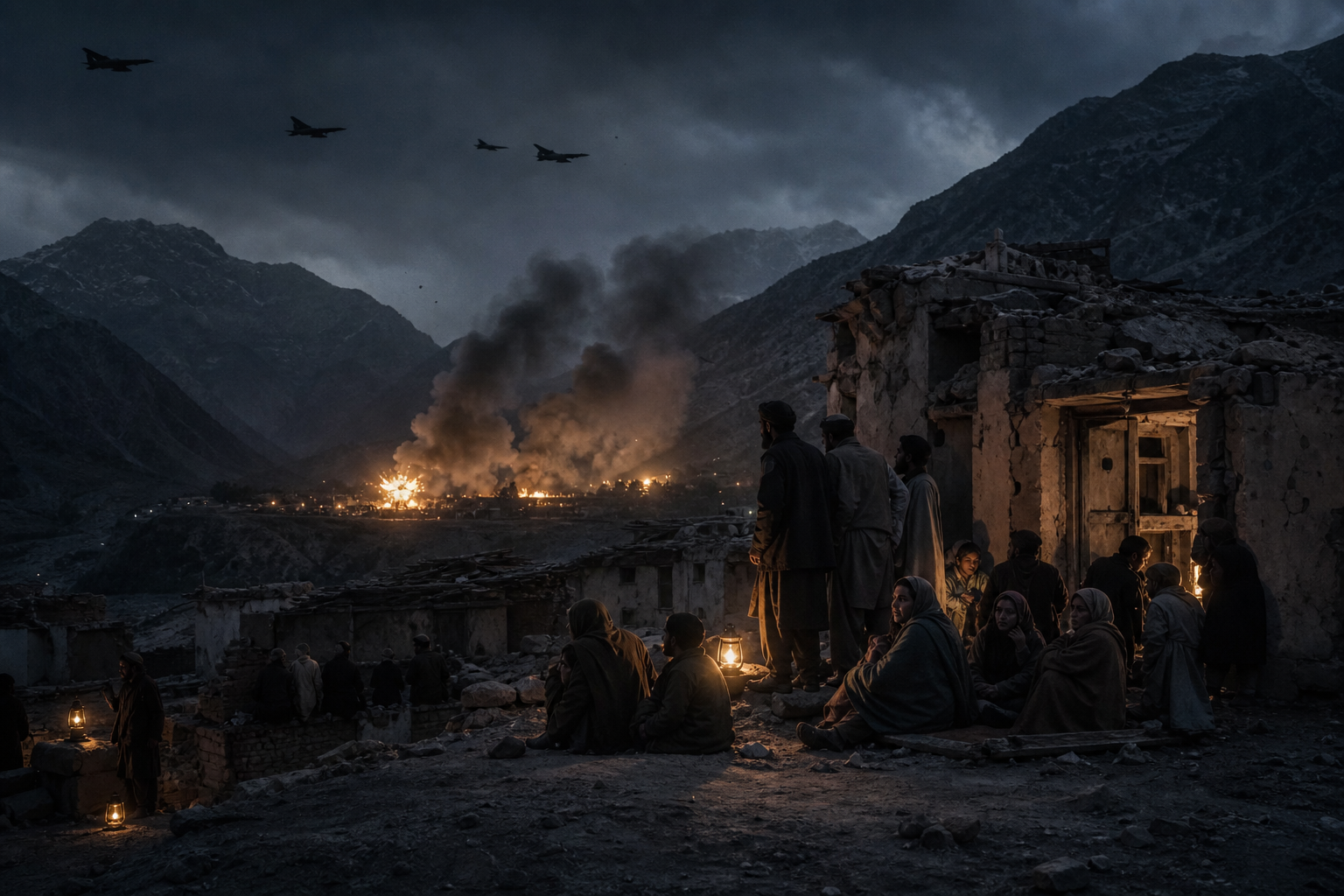 People shelter among ruined buildings as fires and smoke rise in a mountain valley, with aircraft overhead