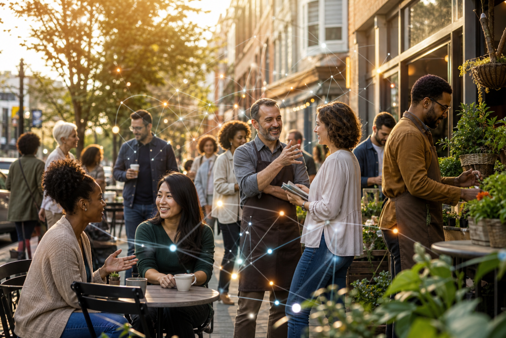 People socialize at an outdoor café, with glowing lines and nodes symbolizing a connected community