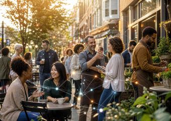 People socialize at an outdoor café, with glowing lines and nodes symbolizing a connected community