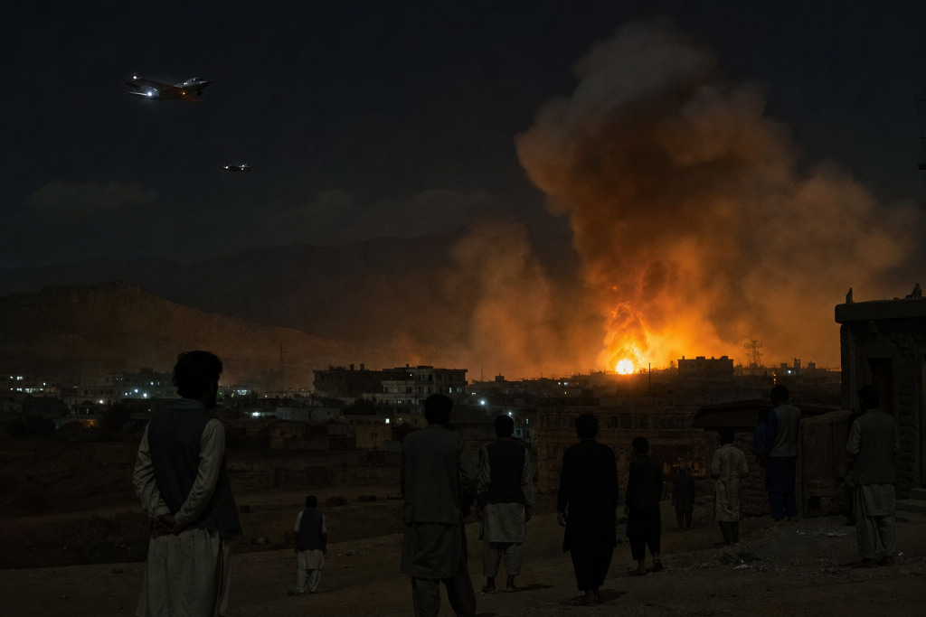 People watch a large fire and plume of smoke over a city at night as two aircraft fly overhead