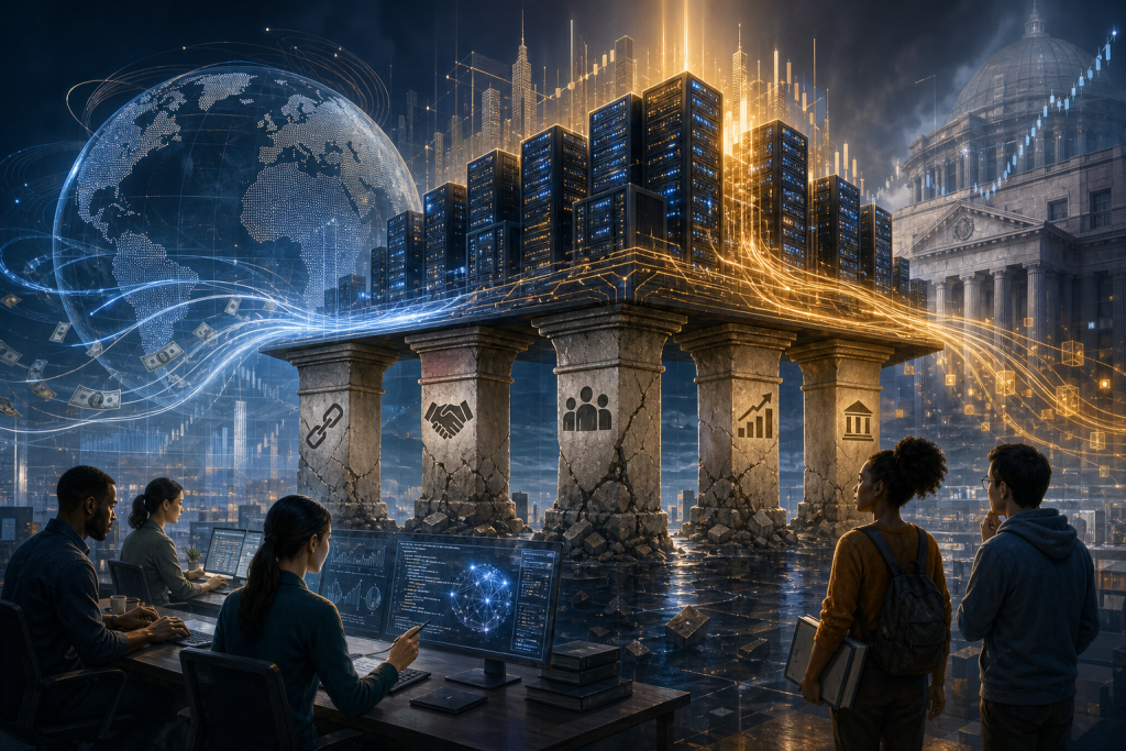 People work with data screens beneath glowing servers, a digital globe, financial symbols, and crumbling classical columns