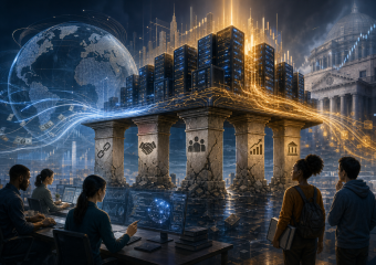 People work with data screens beneath glowing servers, a digital globe, financial symbols, and crumbling classical columns