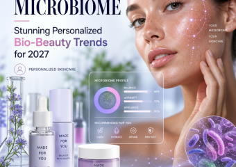 Glowing woman with microbiome skincare products and science visuals for personalized skincare trends