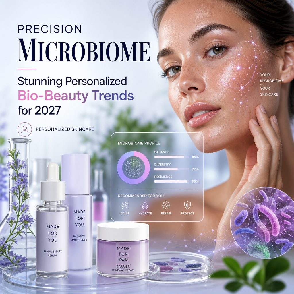Glowing woman with microbiome skincare products and science visuals for personalized skincare trends