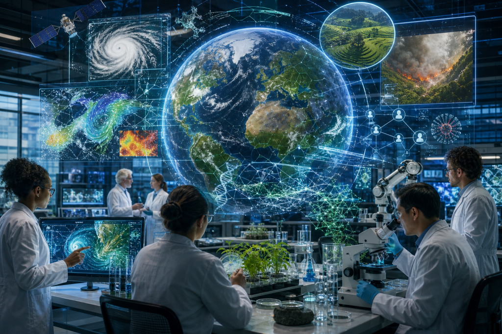 Scientists in a laboratory analyze a holographic globe displaying global weather, climate, wildfire, and agricultural data