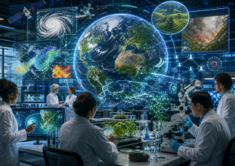 Scientists in a laboratory analyze a holographic globe displaying global weather, climate, wildfire, and agricultural data