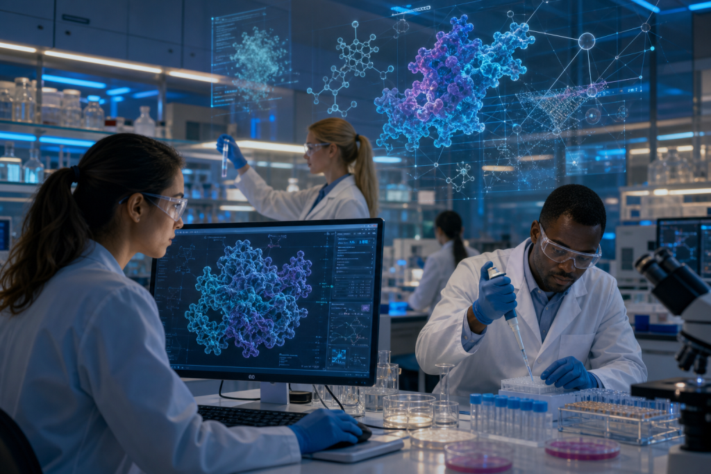 Scientists in a laboratory analyze molecular structures on a computer while a colleague performs pipette testing