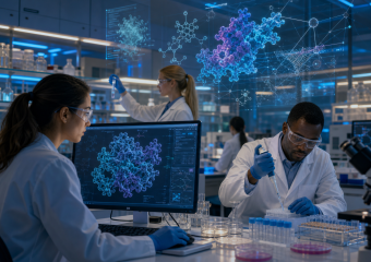 Scientists in a laboratory analyze molecular structures on a computer while a colleague performs pipette testing