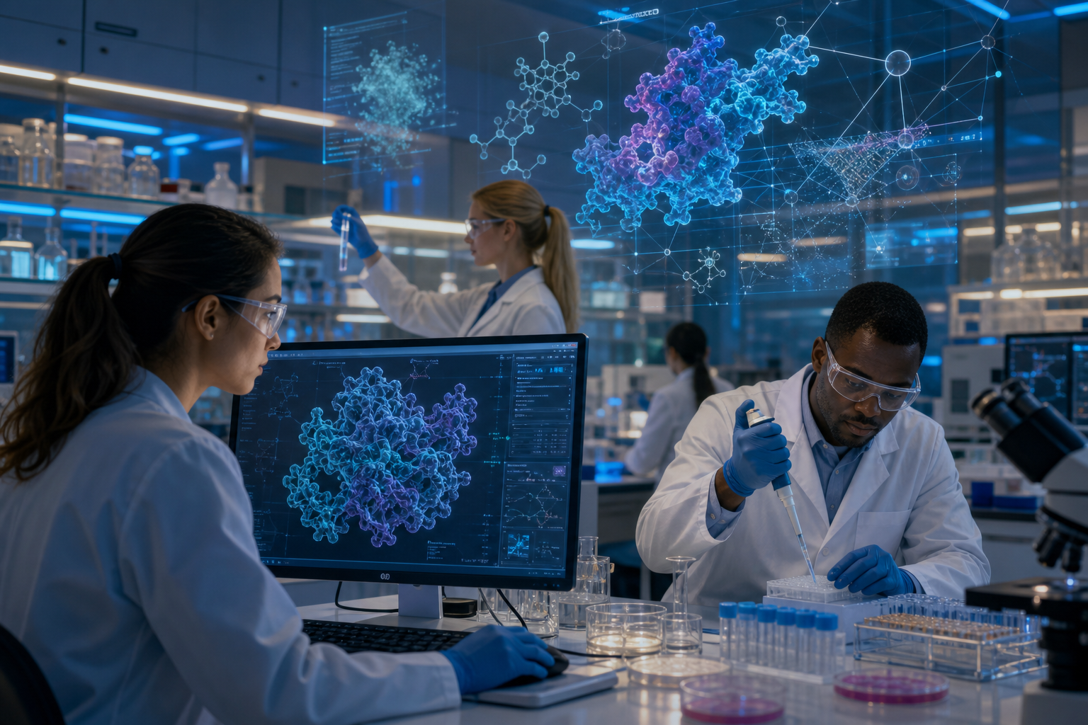 Scientists in a laboratory analyze molecular structures on a computer while a colleague performs pipette testing
