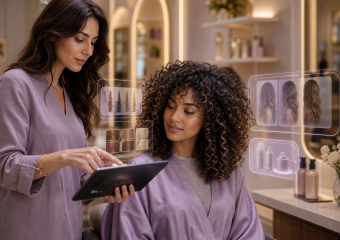 Stylist consults with a client about hairstyles, hair colors, and hair care products in a salon
