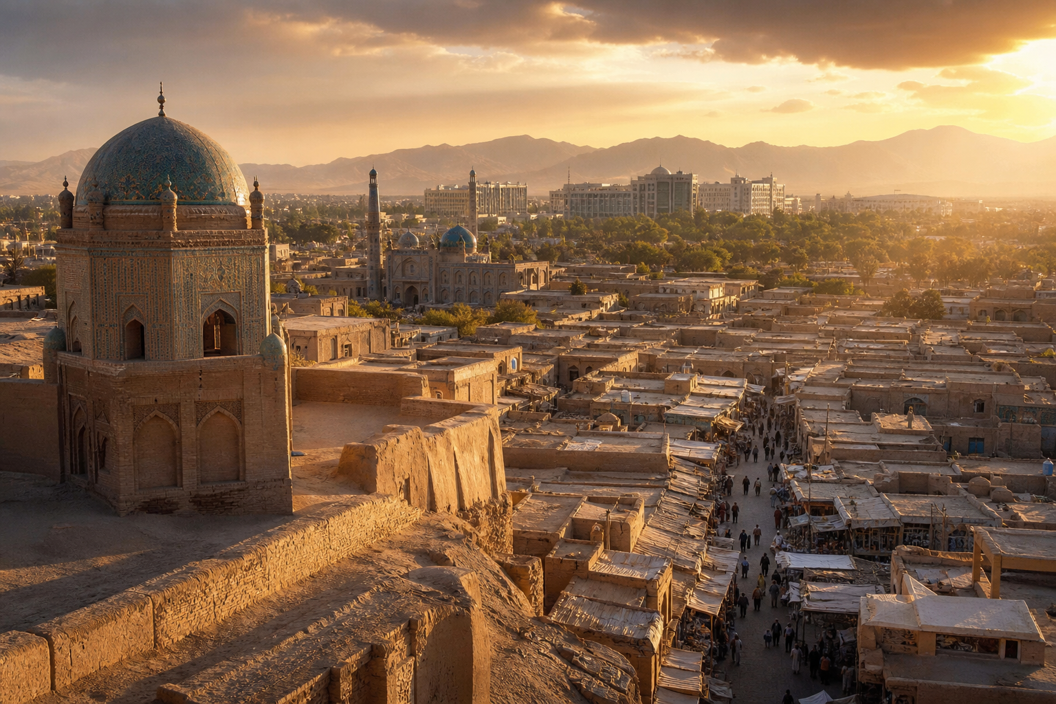 Sunset view over an ancient city with turquoise-domed Islamic architecture, a bustling market, and mountains in the distance