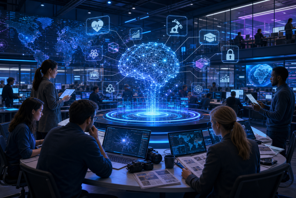 Team members collaborate around a glowing holographic AI brain in a technology operations center