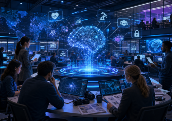 Team members collaborate around a glowing holographic AI brain in a technology operations center