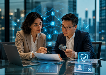 Two business professionals review documents beside a laptop, with cybersecurity and digital identity graphics behind them