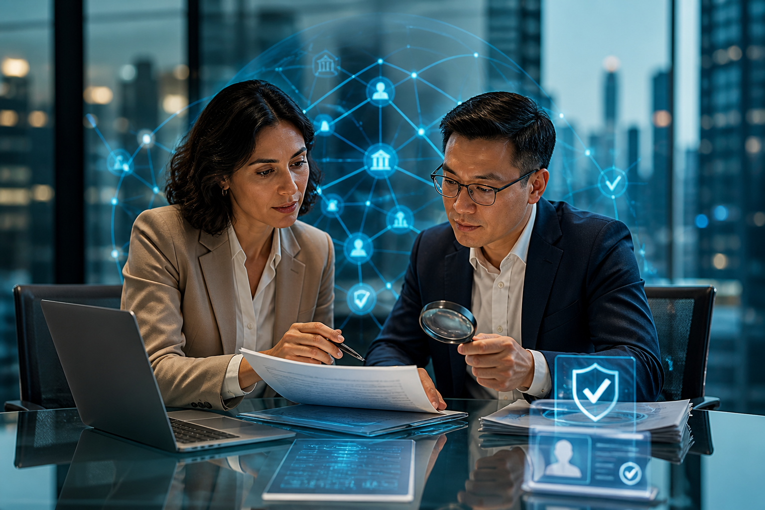 Two business professionals review documents beside a laptop, with cybersecurity and digital identity graphics behind them