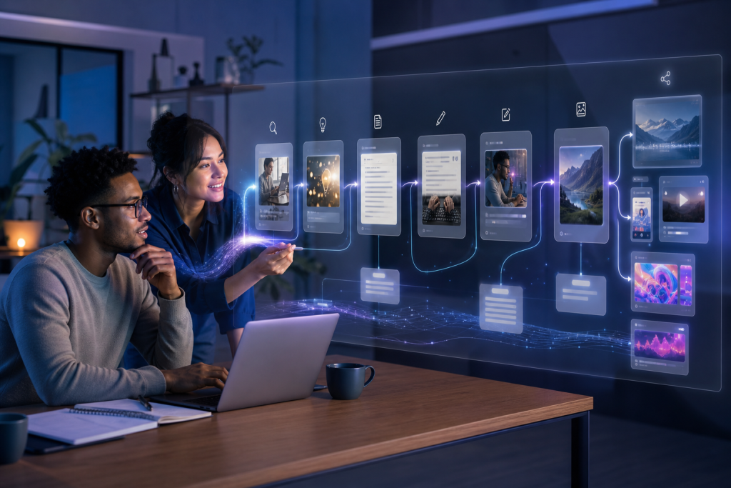 Two colleagues collaborate on a laptop beside a digital workflow interface displaying connected content cards and analytics