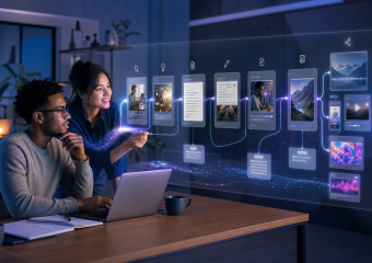 Two colleagues collaborate on a laptop beside a digital workflow interface displaying connected content cards and analytics