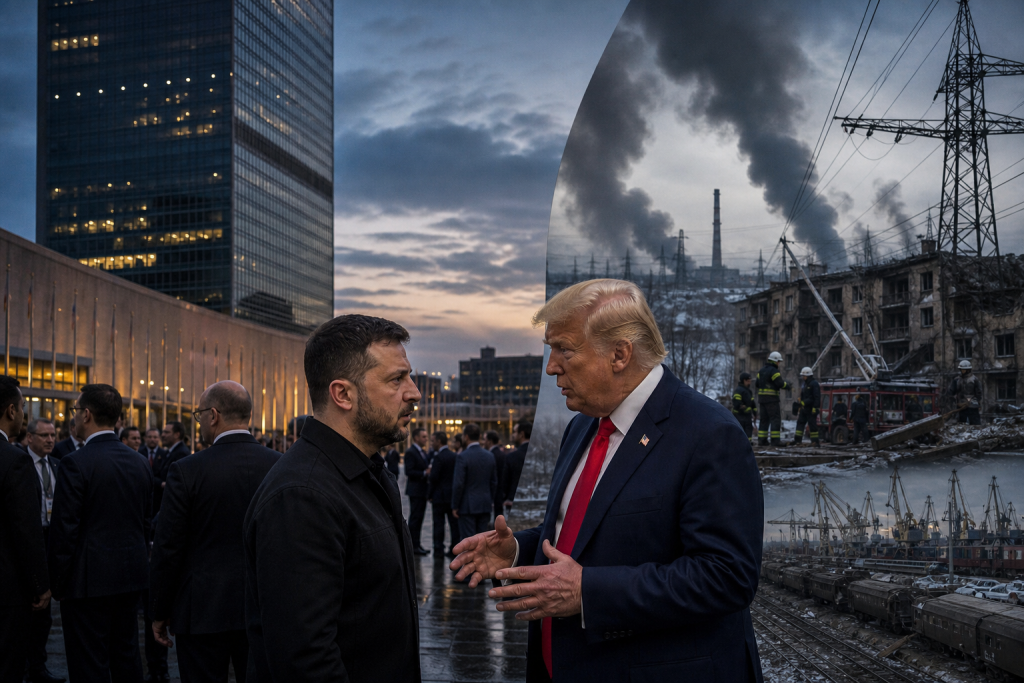Volodymyr Zelenskyy and Donald Trump face each other in a composite scene contrasting diplomacy with war-torn Ukraine