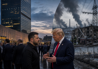 Volodymyr Zelenskyy and Donald Trump face each other in a composite scene contrasting diplomacy with war-torn Ukraine