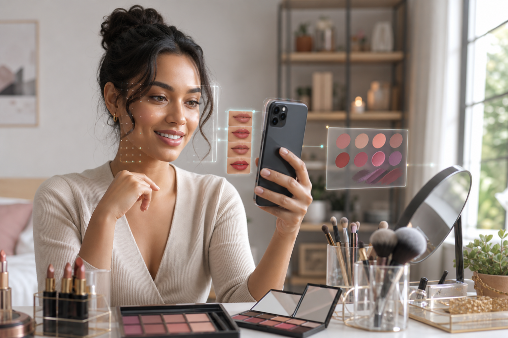 Woman using a smartphone to explore virtual lipstick and makeup color options while seated at a vanity