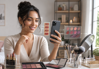 Woman using a smartphone to explore virtual lipstick and makeup color options while seated at a vanity