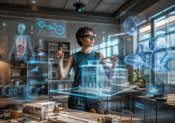 Woman wearing smart glasses interacts with holographic architectural, medical, and engineering models