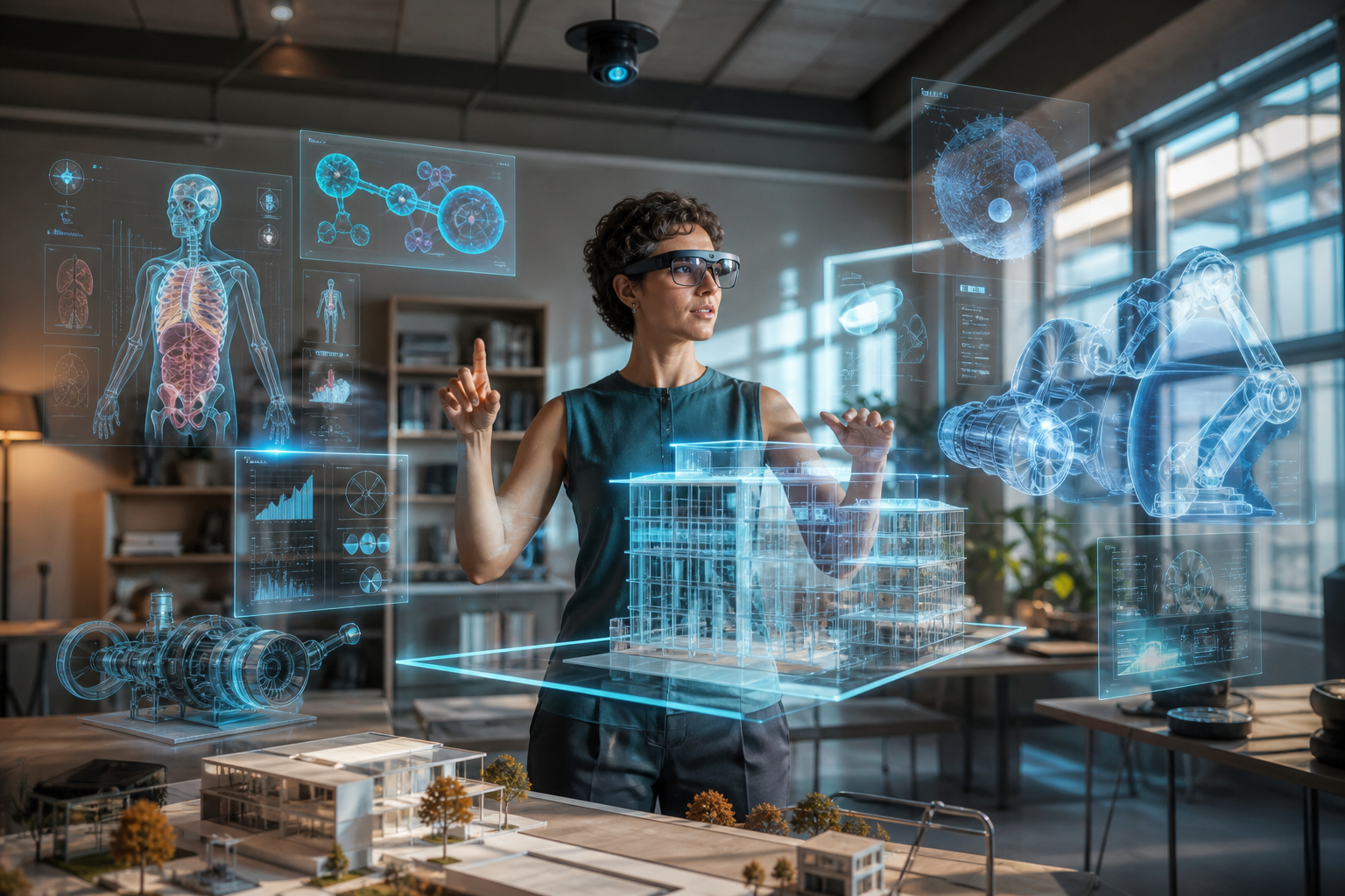Woman wearing smart glasses interacts with holographic architectural, medical, and engineering models